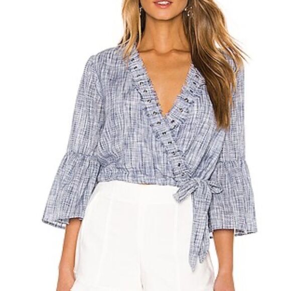 TULAROSA Brand NEW - Fringed Plaid Wrap Top - Blue Estelle Top - Size Small NWOT - Picture 1 of 5